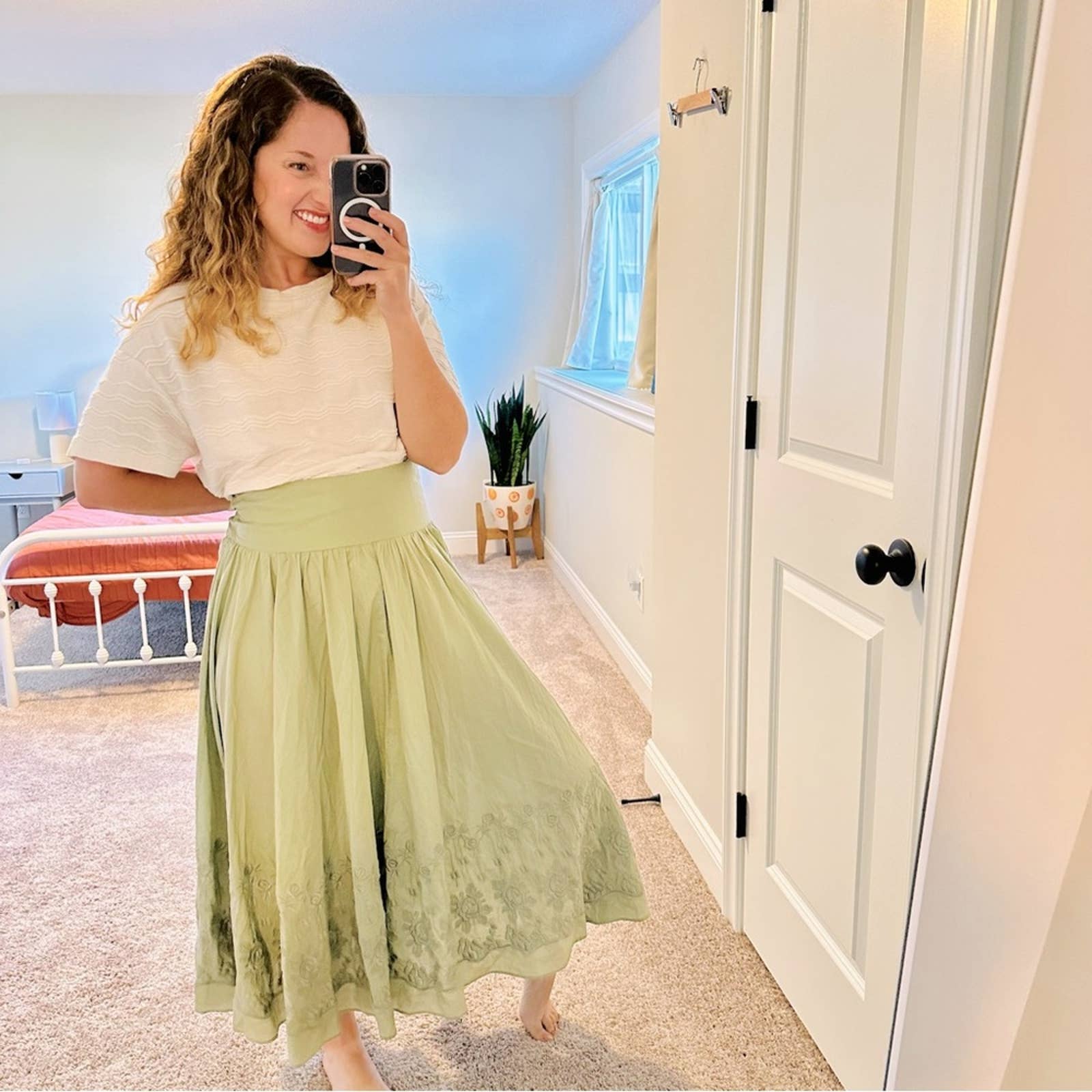 NWT Vintage DKNY Pure Green Floral Embroidered Maxi Skirt 14