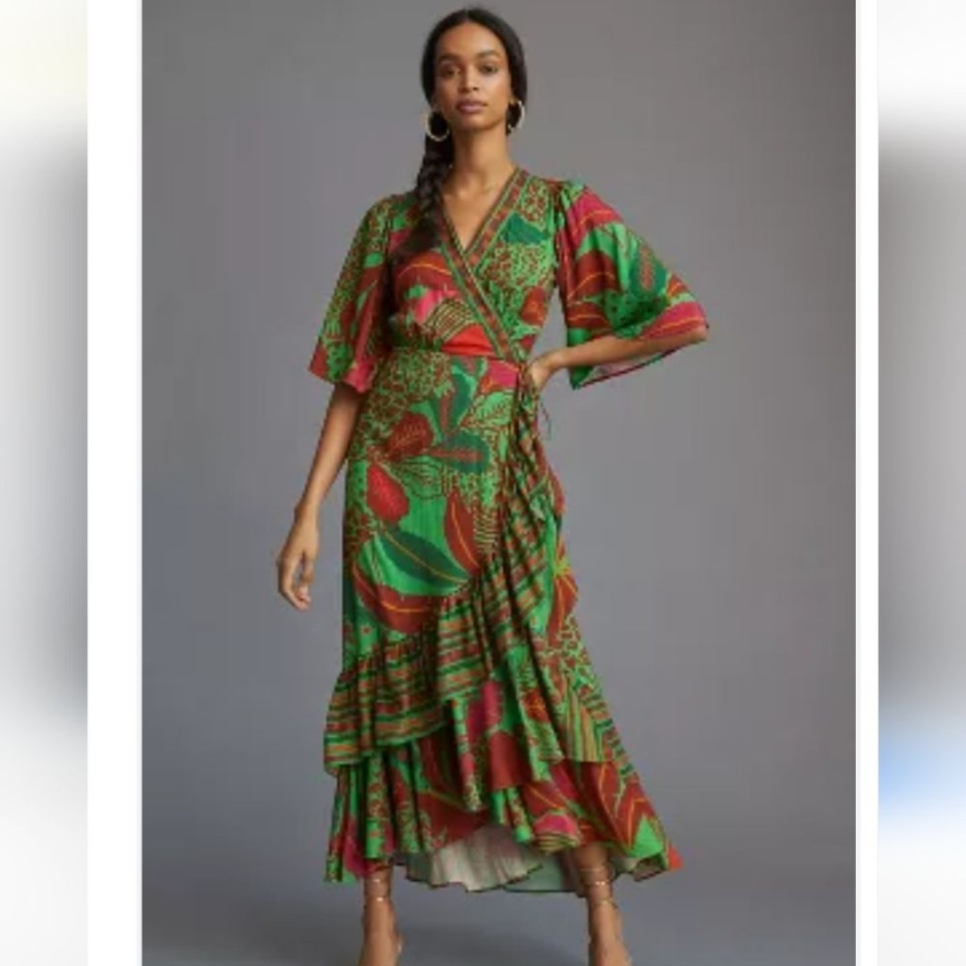 Farm Rio Anthropologie Flutter Sleeve Green Floral Wrap Maxi Dress Size XS