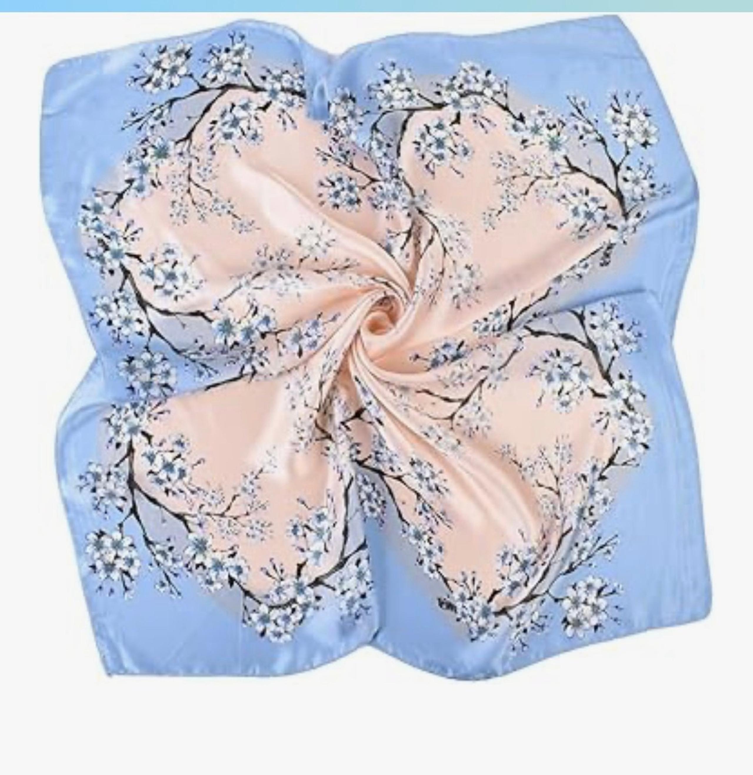 Floral Silk feeling Scarf in Blue and Cream