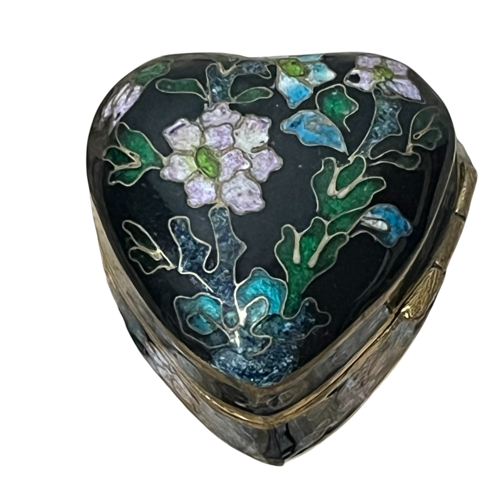 Vintage heart shaped Small pill box blue hinged Floral Gold Beautiful