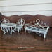 Vintage white wire dollhouse furniture set table chairs bench marble top distr