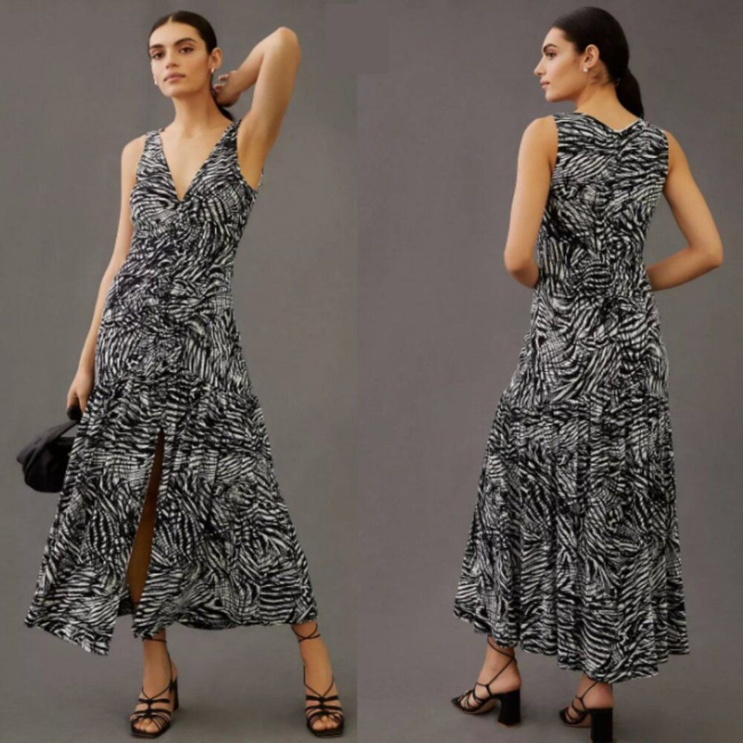Anthropologie V-Neck Ruched Front Maxi Dress in Black 4