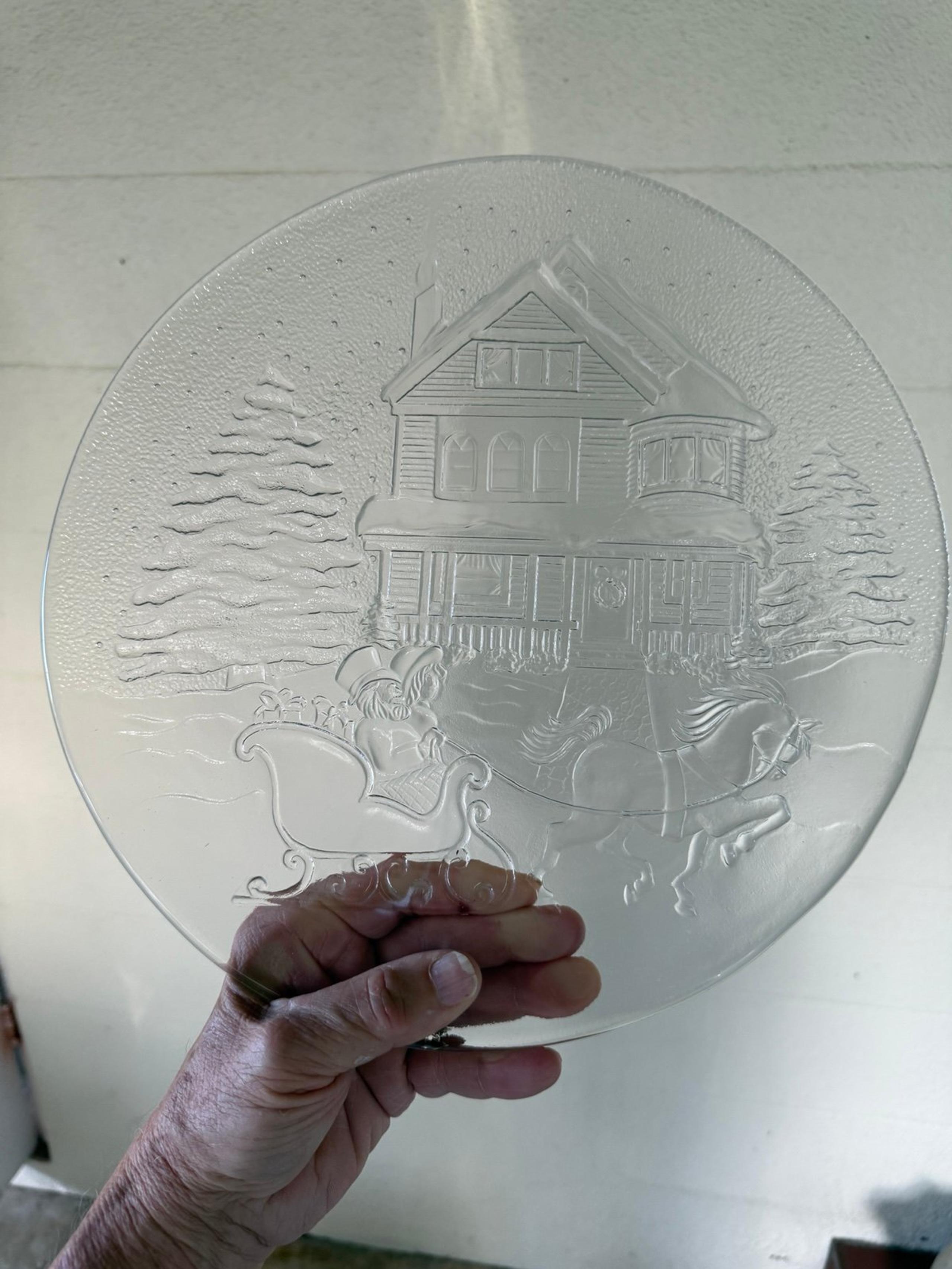 Libbey Vintage Christmas Platter Embossed Sleigh Ride Scene 13" Round