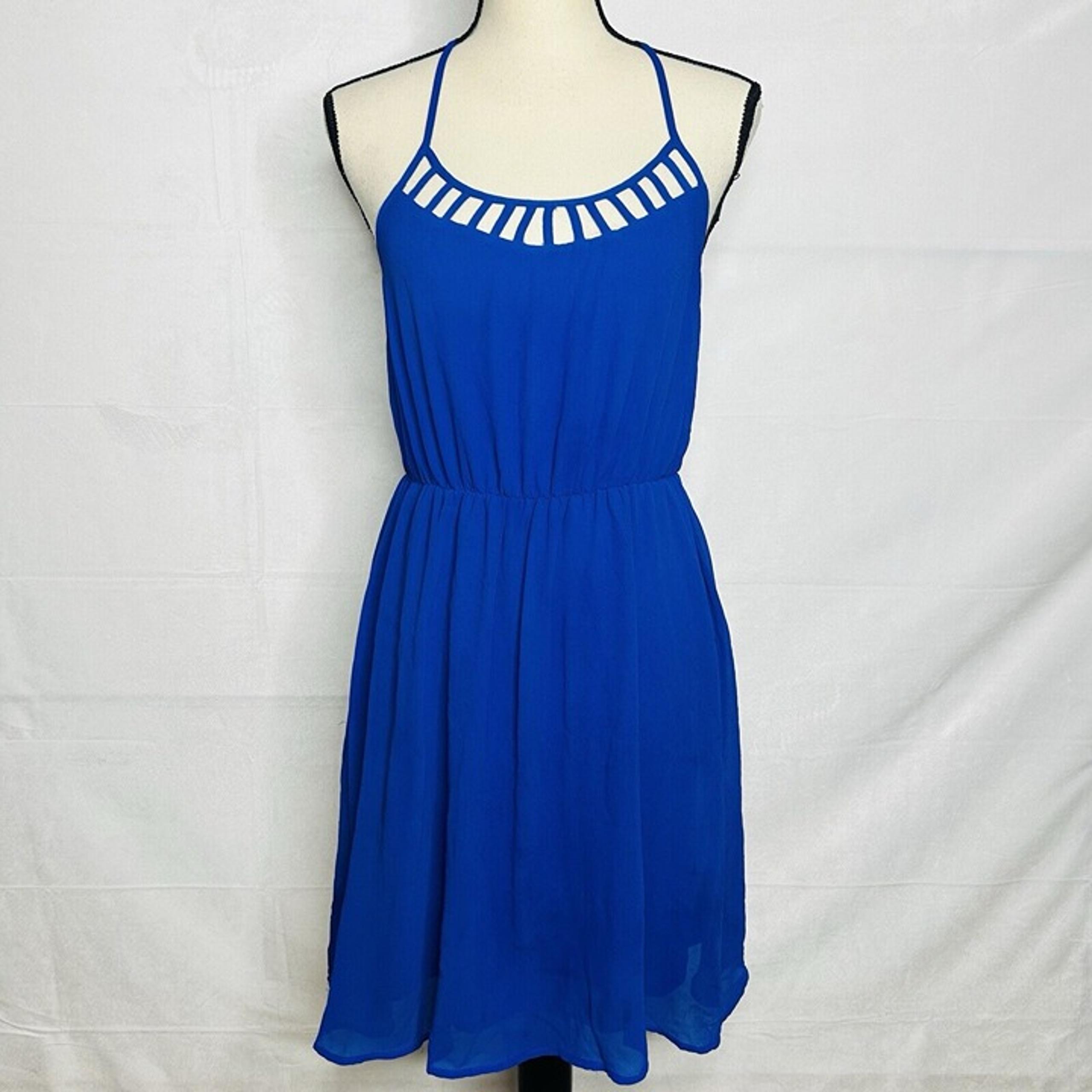 YA Los Angeles Royal Blue Silk Blend Sleeveless Dress Sz M Cut Elastic Waist