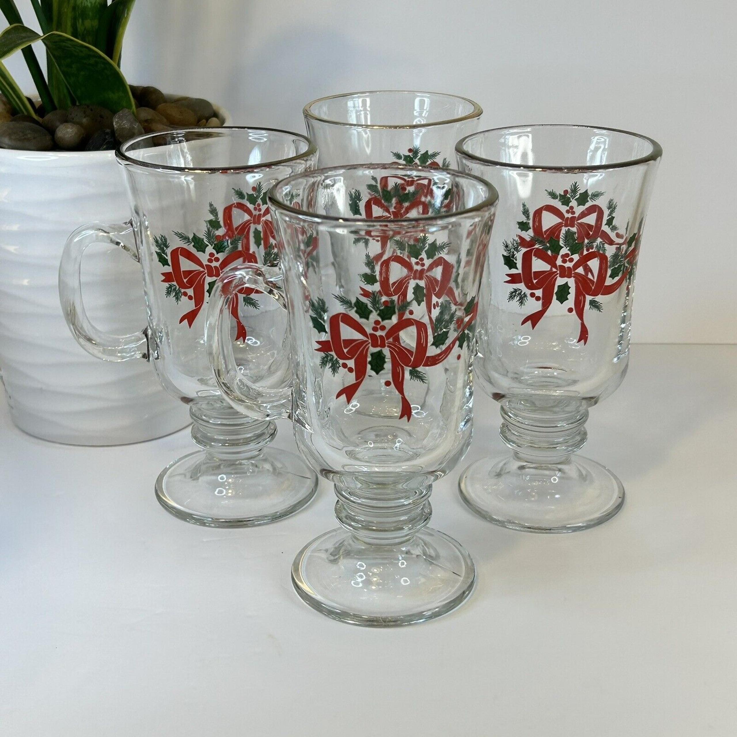 4- Libbey Christmas Holiday Glass Footed Holly Berry & Ribbon Irish Coffee Mugs