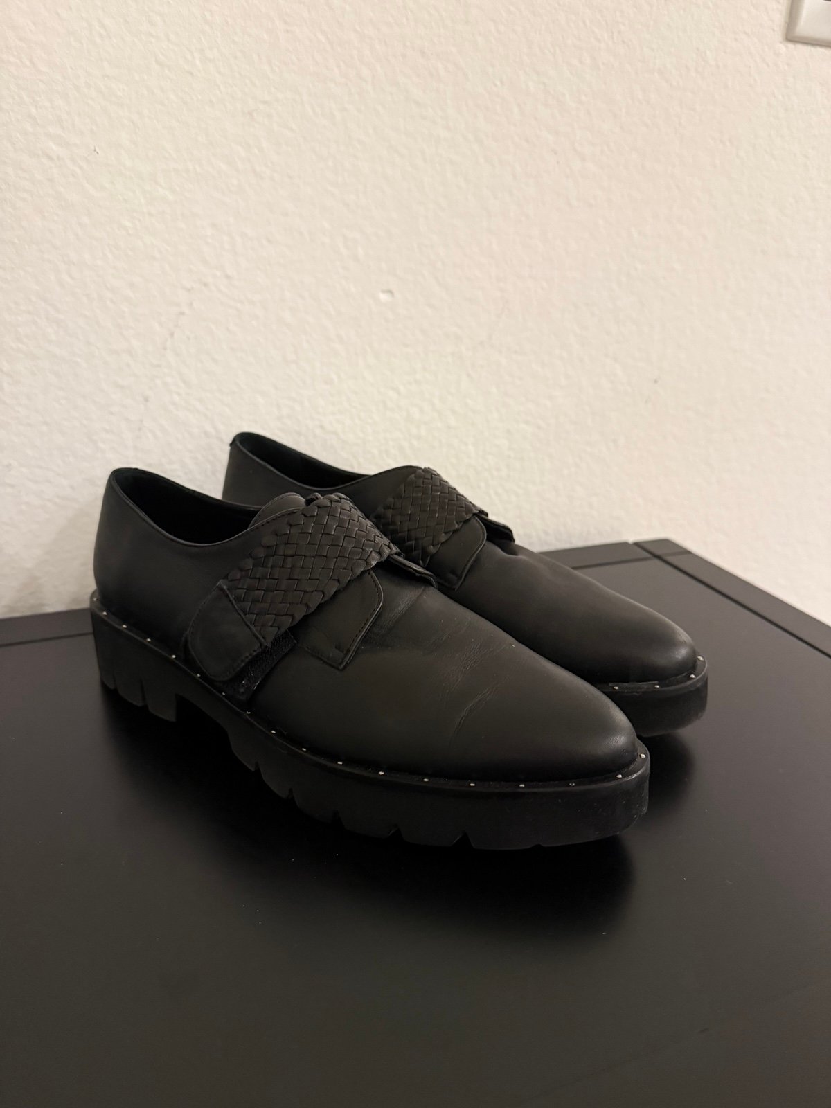 Freda Salvador Black Leather Chunky Oxford Shoes, Size 6.5