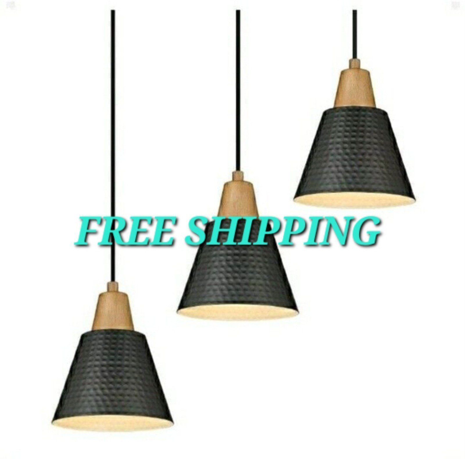 3 Pack Pendant Lights, Hammered Metal, Solid Wood, Minimalist, Small, Black