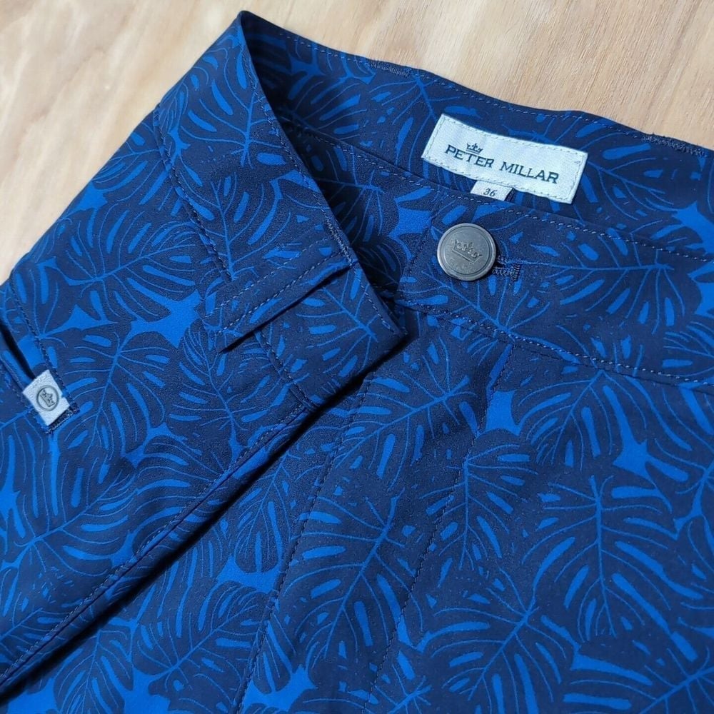 NEW PETER MILLAR Crown Sport Stretch Wicking Blue Geometric Leaf Golf Shorts 36