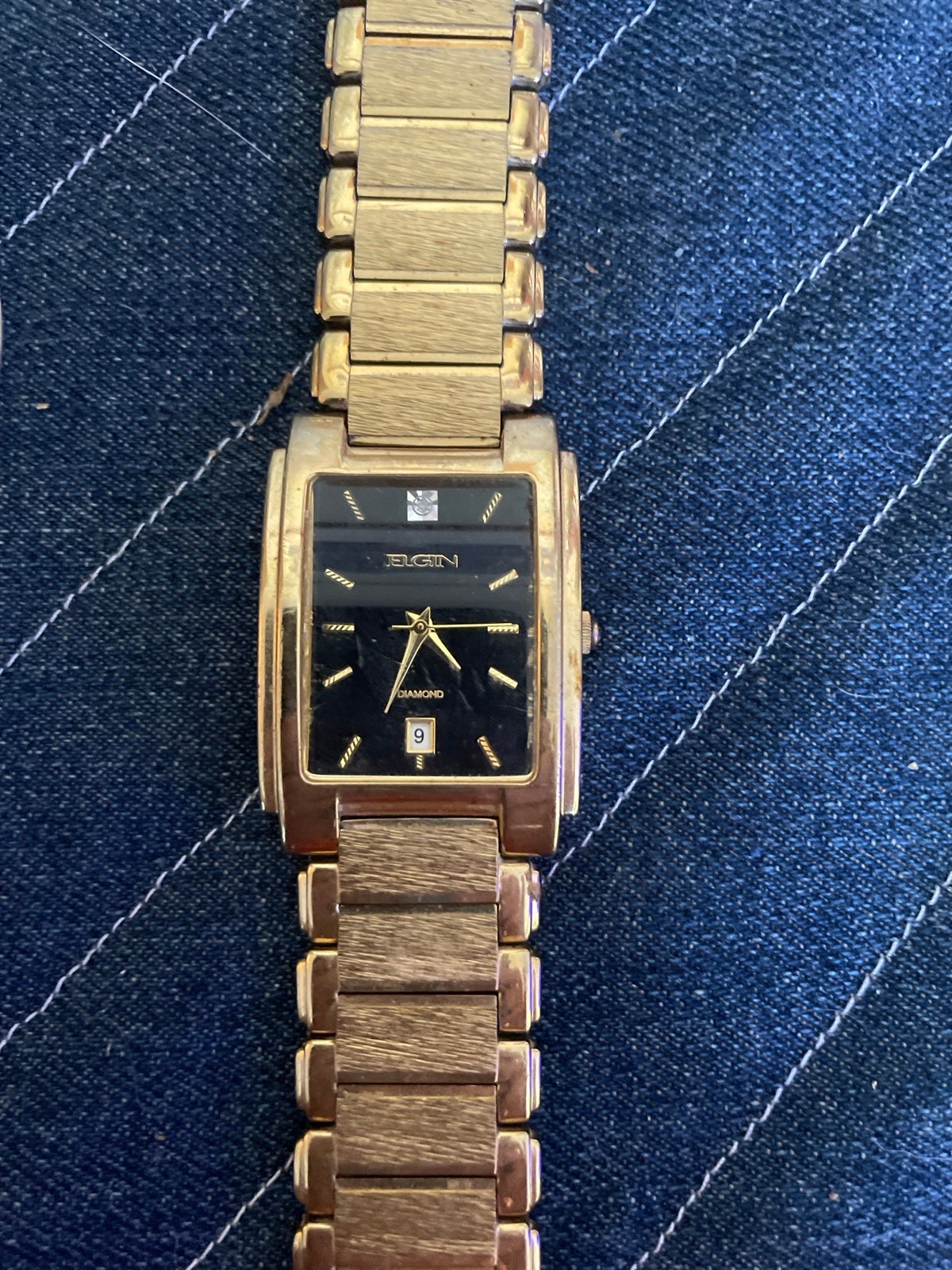 Elgin Men’s Watch Diamond Date Quartz Black-Dial Gold Tone