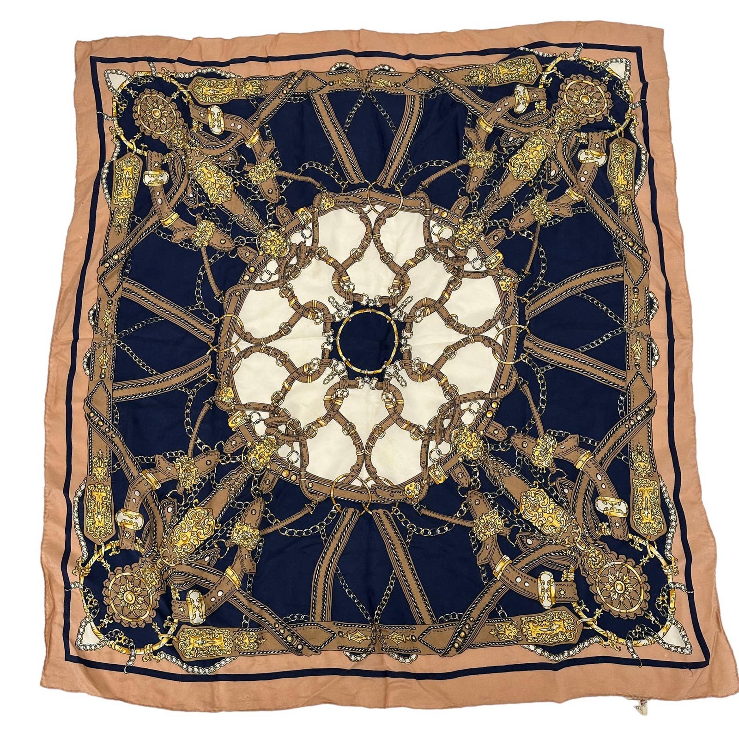 vintage triangle brand buckle chain designer square scarf 100% silk blue tan