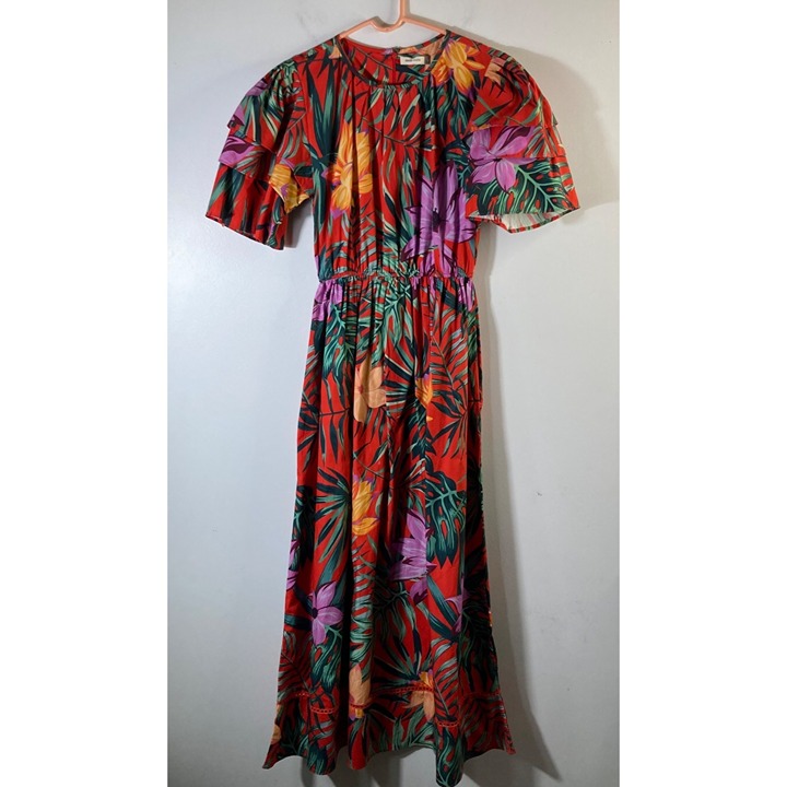 Womens Maude Vivante Tropical Floral Leaves Maxi Dress Tiered S Cotton #43