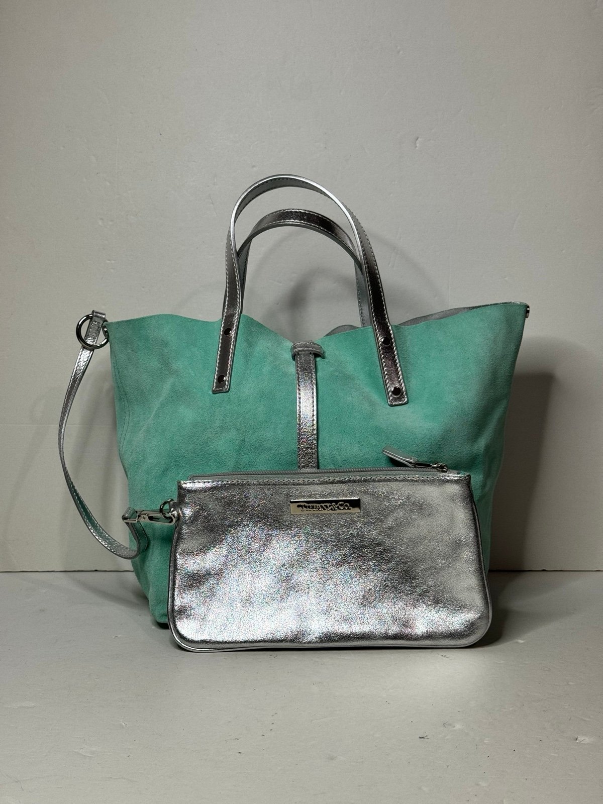 TIFFANY & CO RARE Reversible Silver Leather & Tiffany Blue Suede Tote