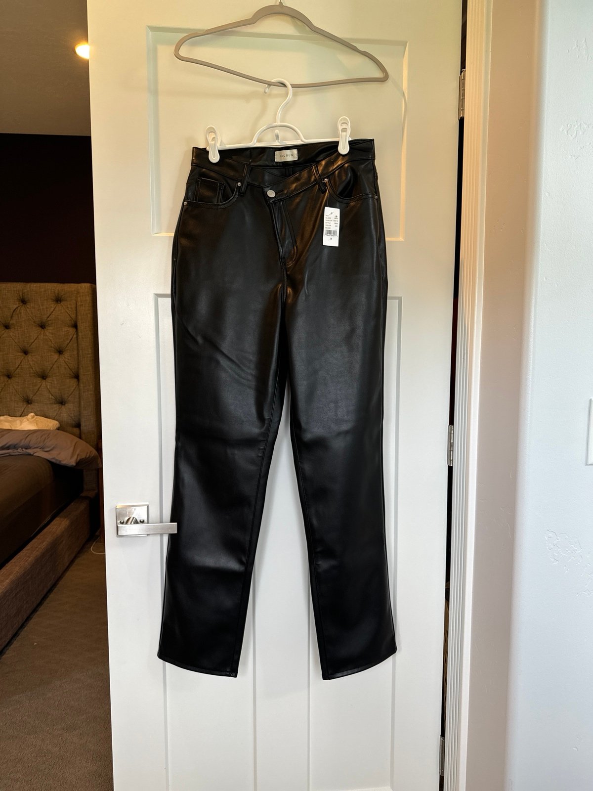 Trendy straight leg black faux leather pants