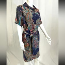 Vintage Dress 70s Paisley Shirt Dress Navy Blue Printed Short Sleeve Leslie Fay
