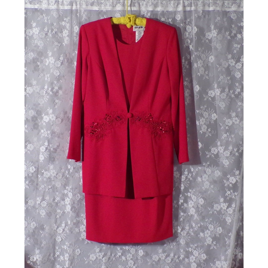 90s Dress & Jacket Set Vintage 1990s Red Mother of the Bride Outfit Size L/XL