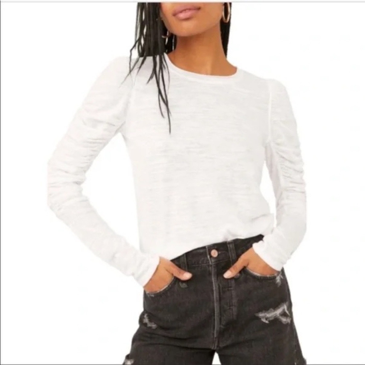 Free People White Natasha Ruched Long Sleeve Top Sz S