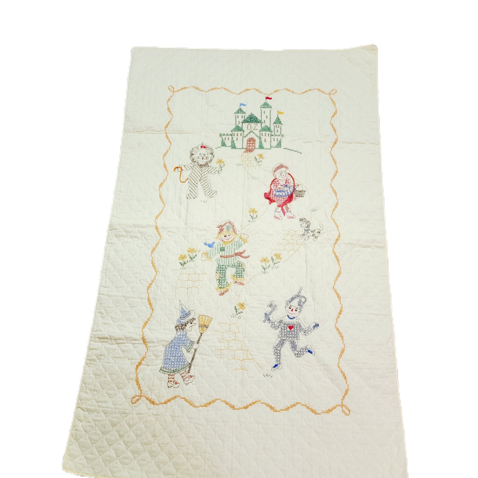 Vintage Thin Quilted Crochet OZ Castle Clowns Witch Yellow Baby Blanket 59 ×36 .