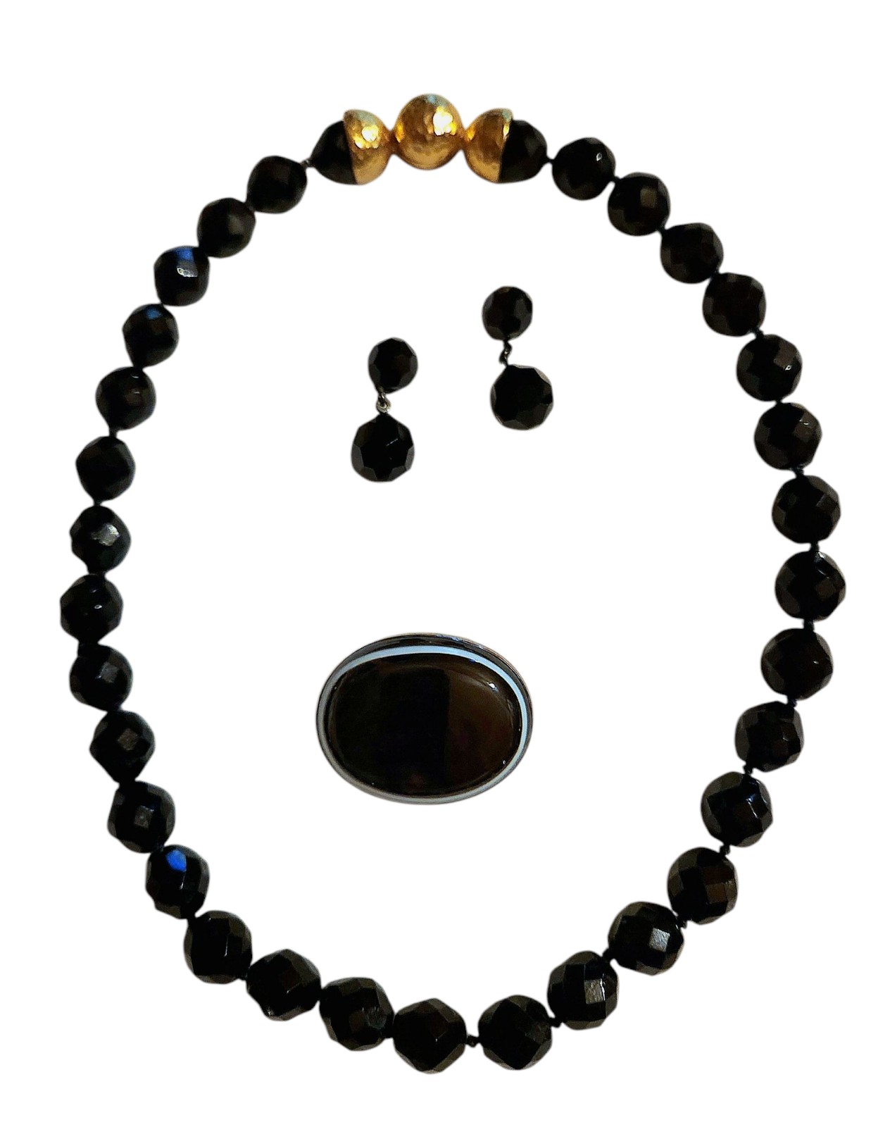 Vintage Black Onyx Faceted Necklace, Earrings, & Brooch Set