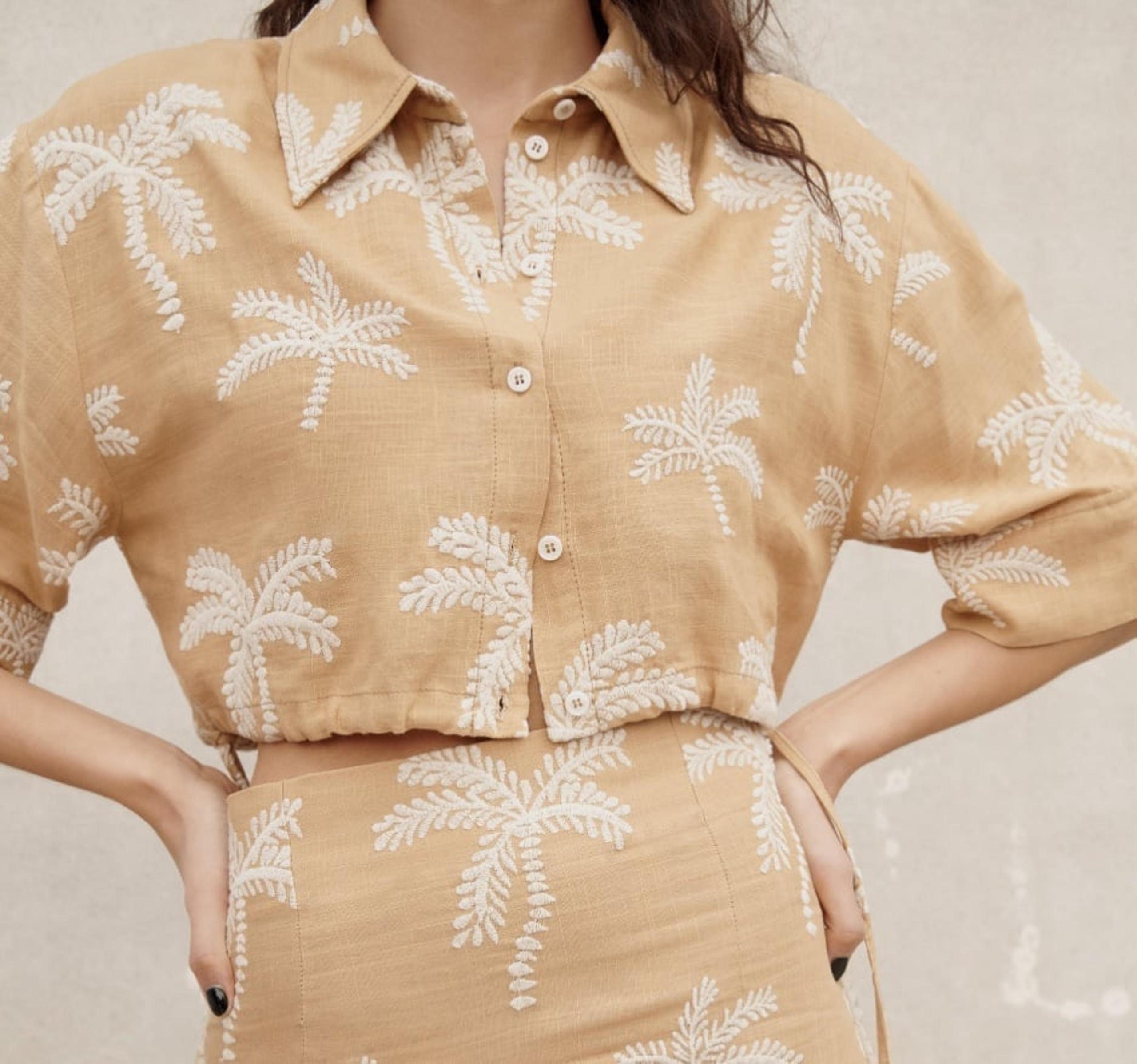 Zara Embroidered Palm Tree Linen Crop Top