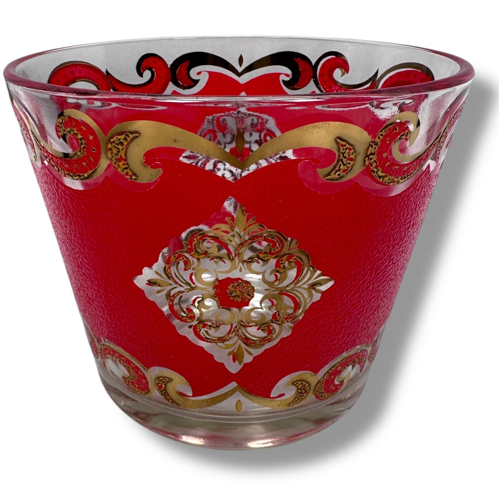 Vintage MCM Culver Starlyte Red Gold Ice Bucket 6 Round Filigree Glassware