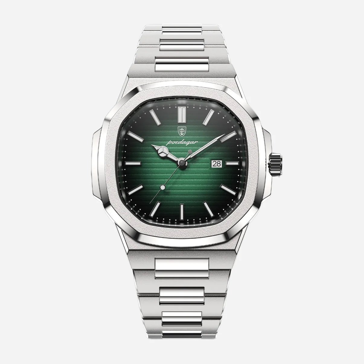 Poedagar Mens Luxury Watch Silver Band Green Face