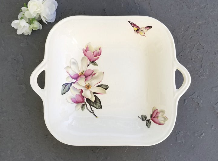 Butterfly and Floral Serving Dish, England, Vintage 2-Handled Bowl