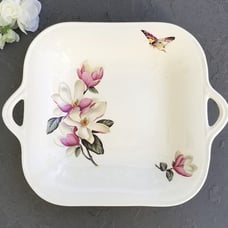 Butterfly and Floral Serving Dish, England, Vintage 2-Handled Bowl
