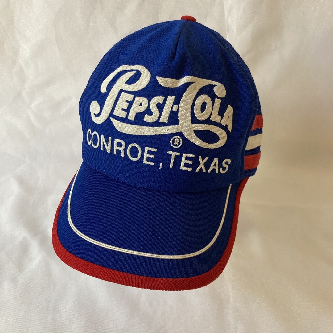 Vintage Pepsi Cola 3 Stripe Mesh Snapback Trucker Hat Made in USA Conroe Texas