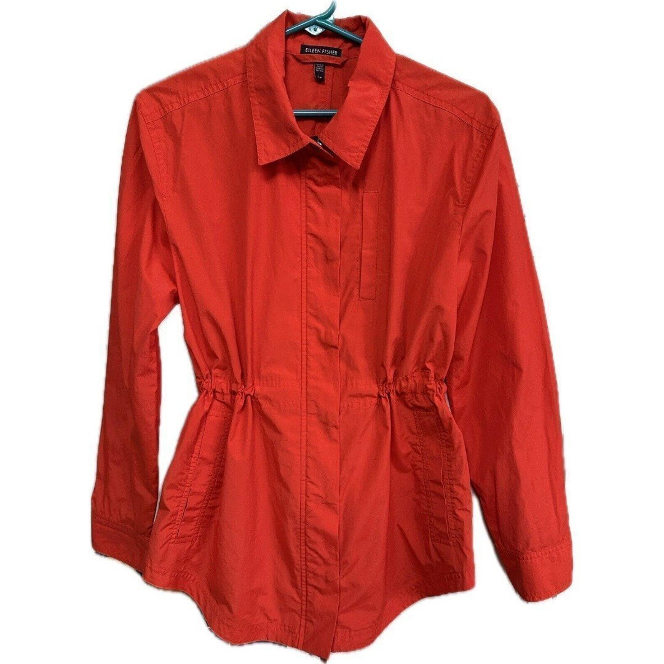 Eileen Fisher Womens Orange Coral Raincoat Sz S/P Lined Pocket Cinch Waist, EUC