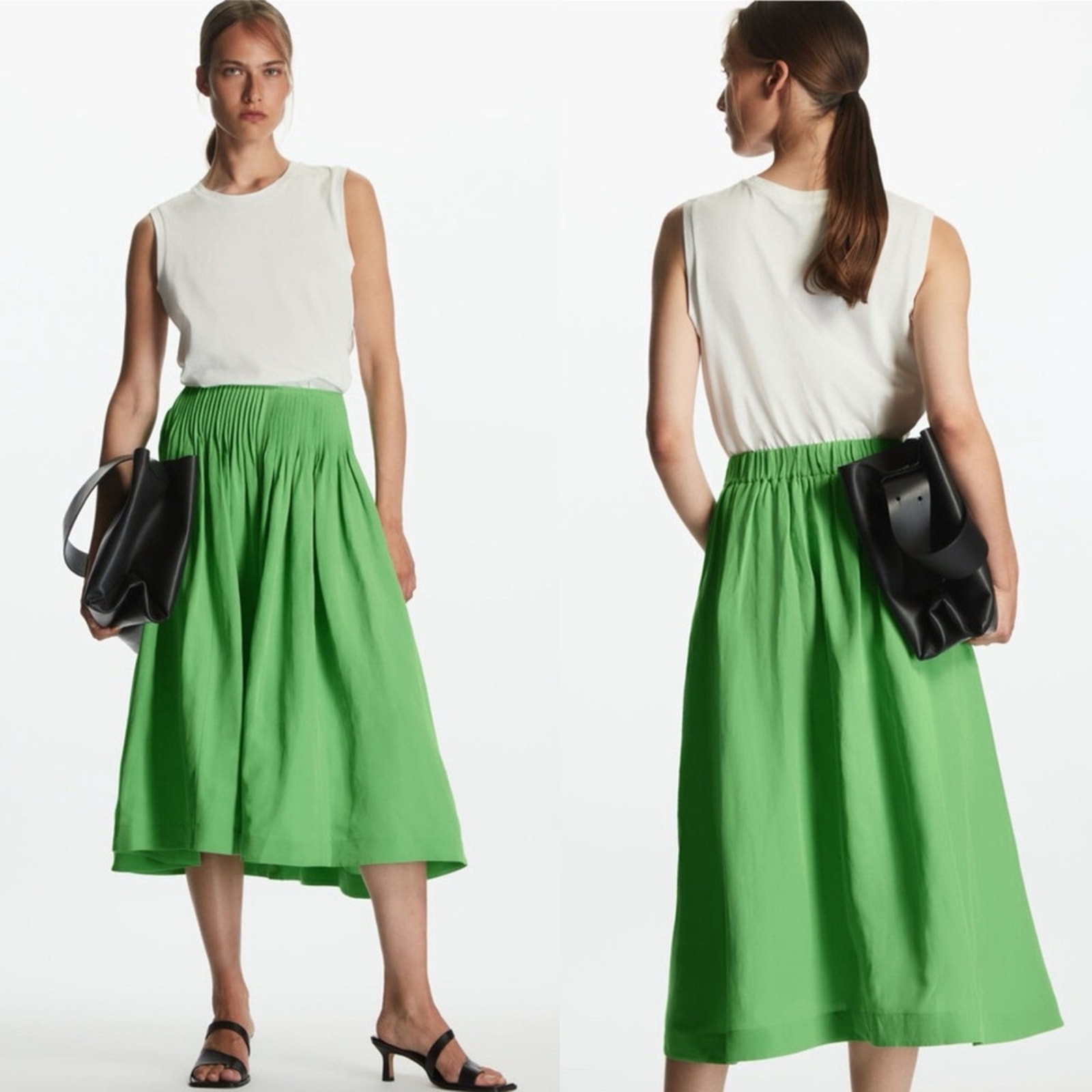 COS Pintucked Linen-Blend A-Line Midi Skirt Green
