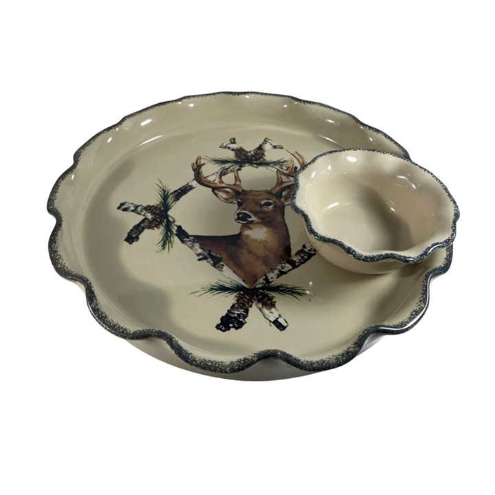 Home & Garden Party Northwoods Vintage Stoneware Chip & Dip Set Deer Design