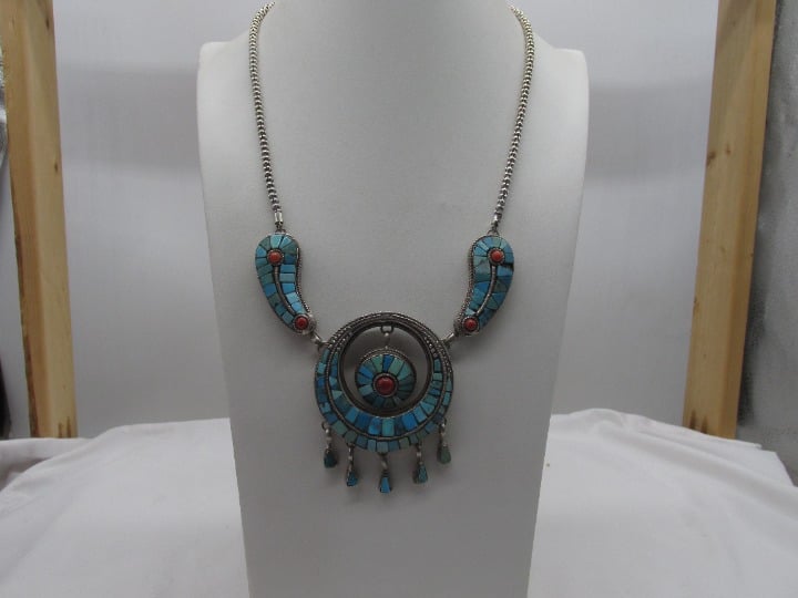 Sterling Silver Turquoise & Coral Statement Necklace 22 108g Pls Read