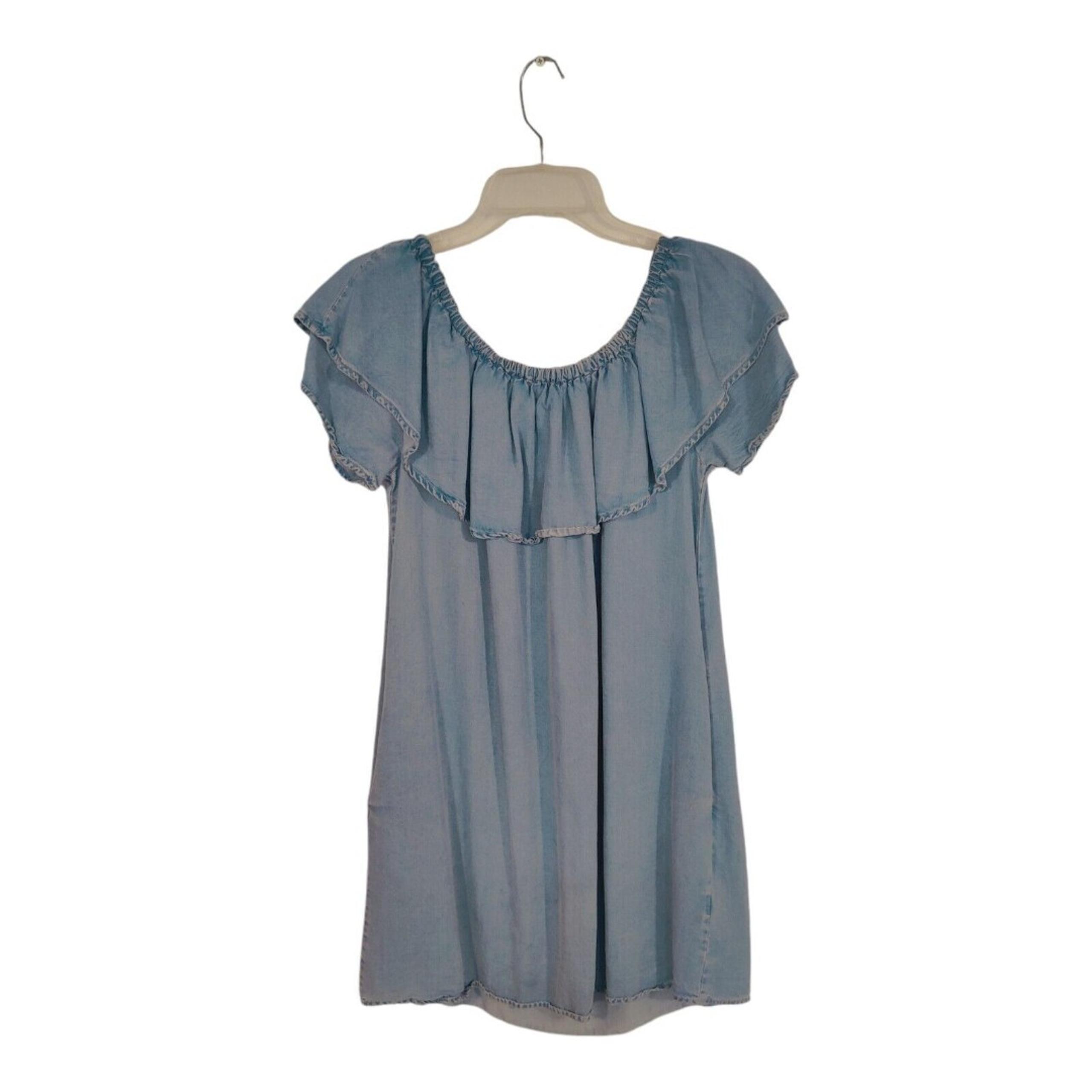Zara Women's Chambray Off the Shoulder Ruffle Dress Mini Celebrity Blue Small S