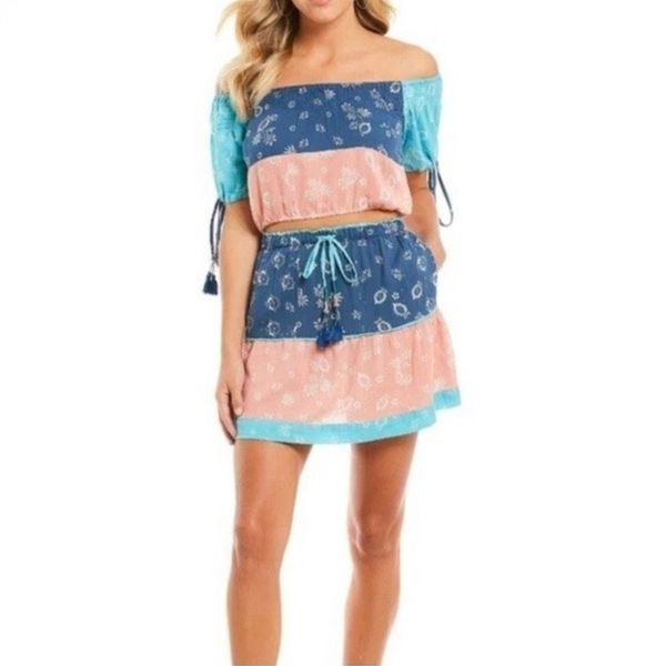 Anthropologie Kopal Women Blue Pink Mohini Skirt Boho Combo Set Size Large