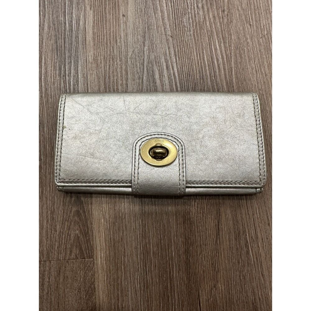 Coach Wallet BiFold Golden Metallic Leather Flap Cover Twist Lock Closure