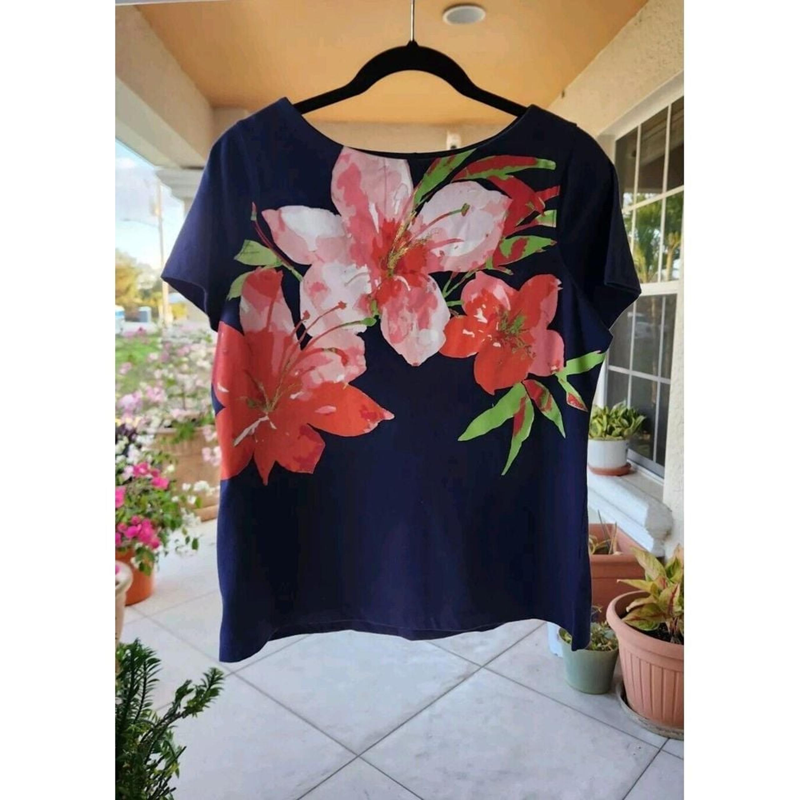 Coral Bay Women's Floral Top Round Neck Short Sleeve Navy Blue Cotton Size PM