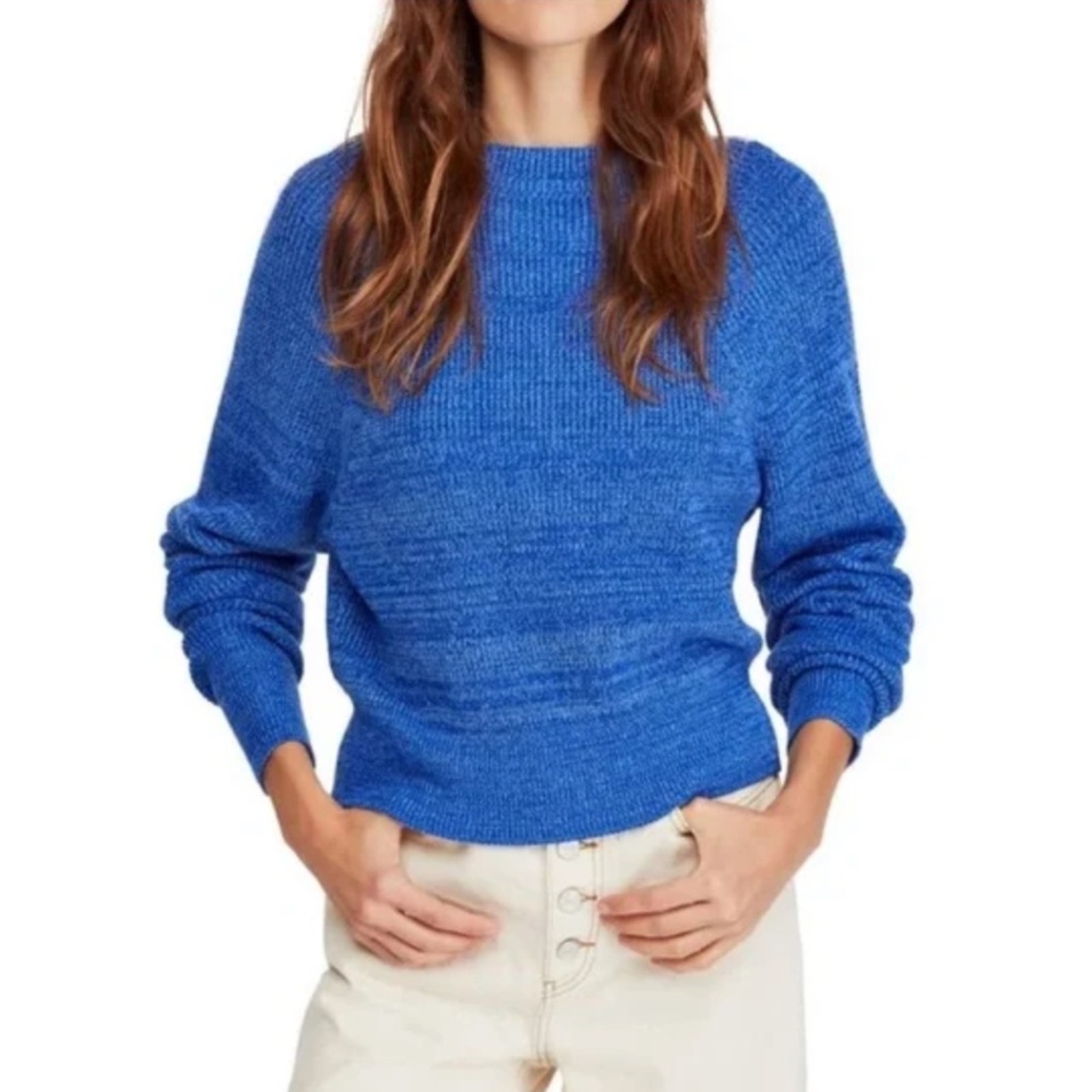 Free People Blue Too Good Mock Neck Sweater Blue Cotton Blend Size Small