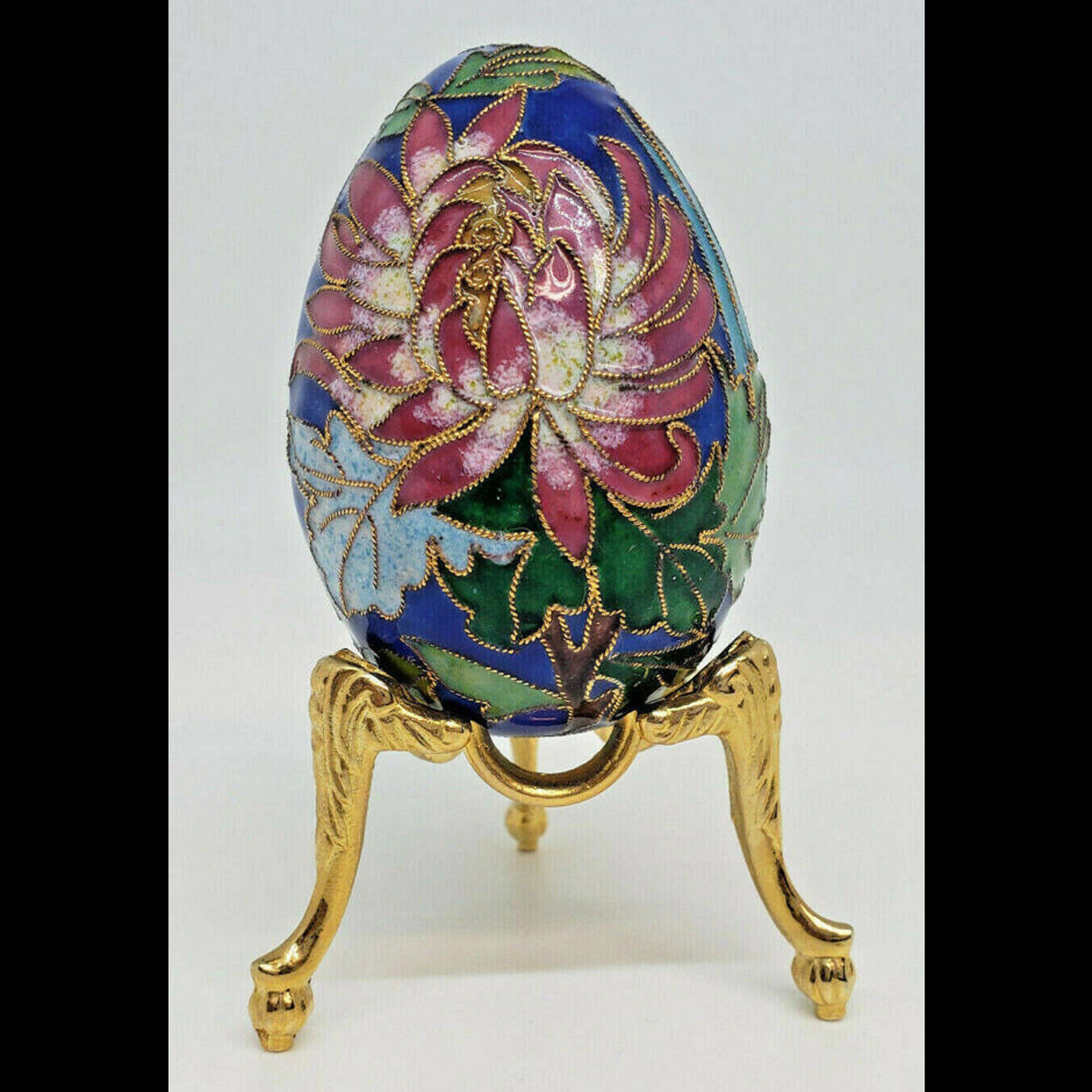 Cloisonne Metal Enameled Pink Flowered Egg Blue Gold with Stand Colorful Vibrant