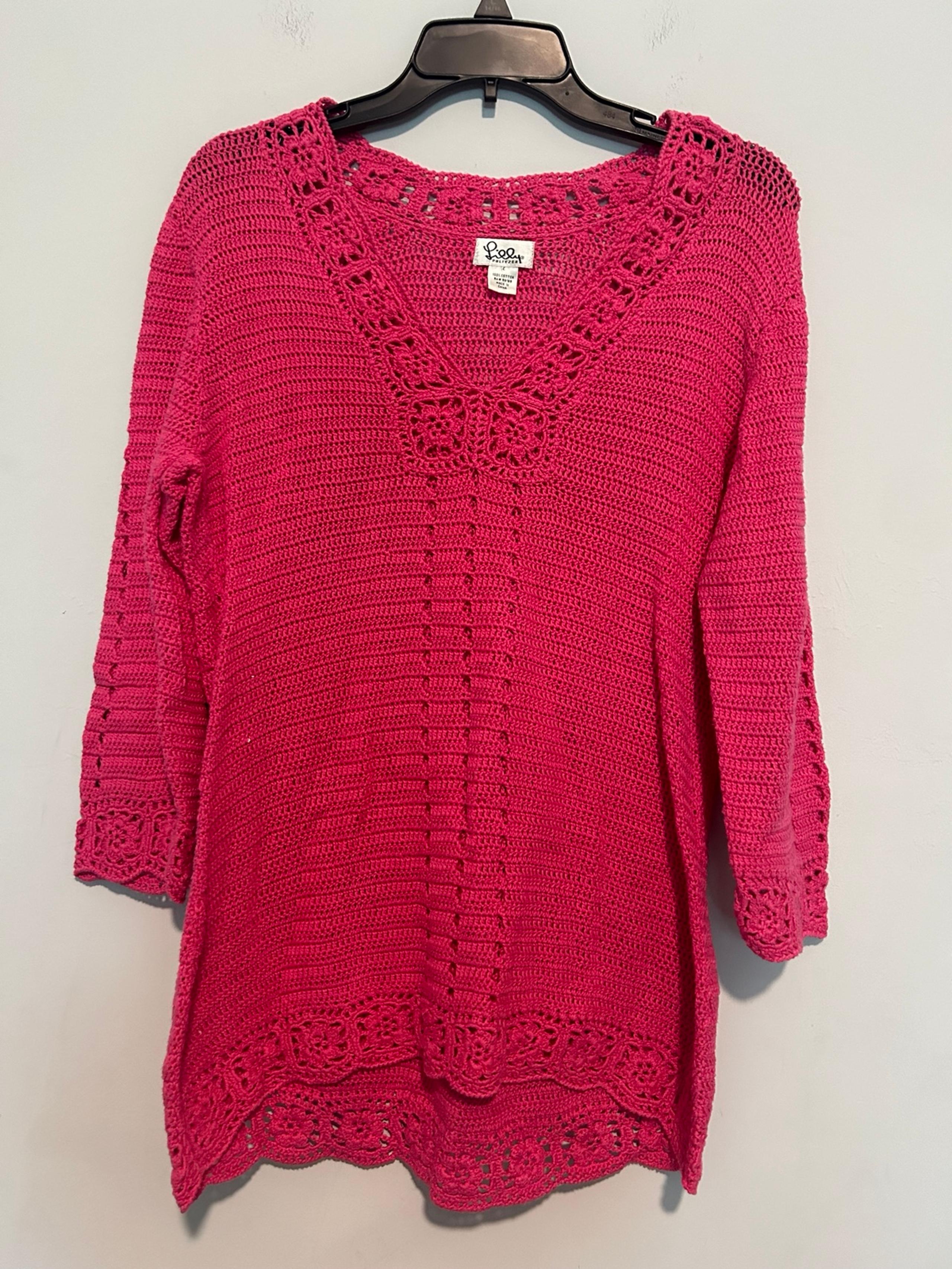 Lilly Pulitzer Women's L Pink Knit Tunic Crochet Beach Coverup 100% Cotton