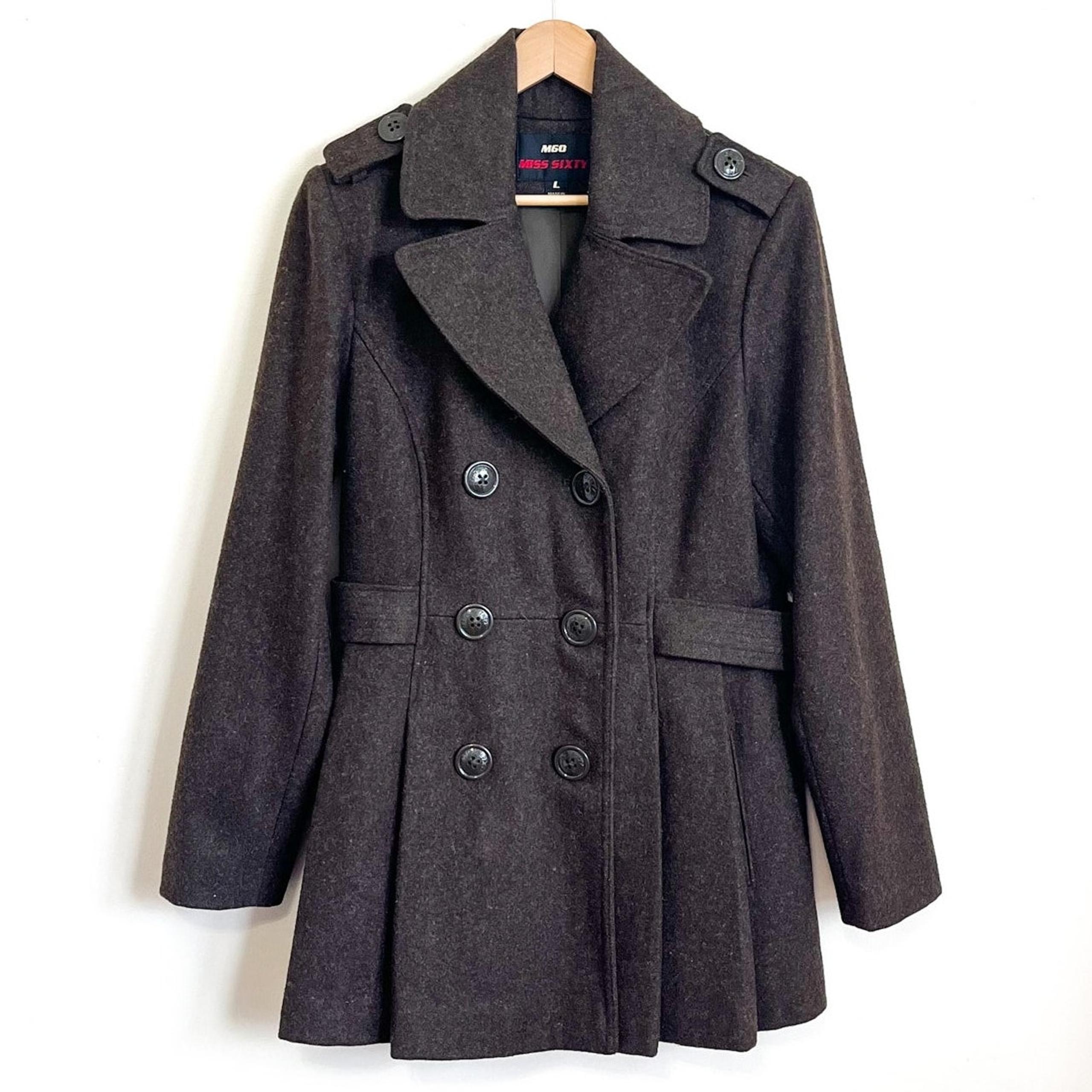 VTG 90s Y2K Miss Sixty Wool Pleated Women Pea Coat Large Brown Preppy Academia