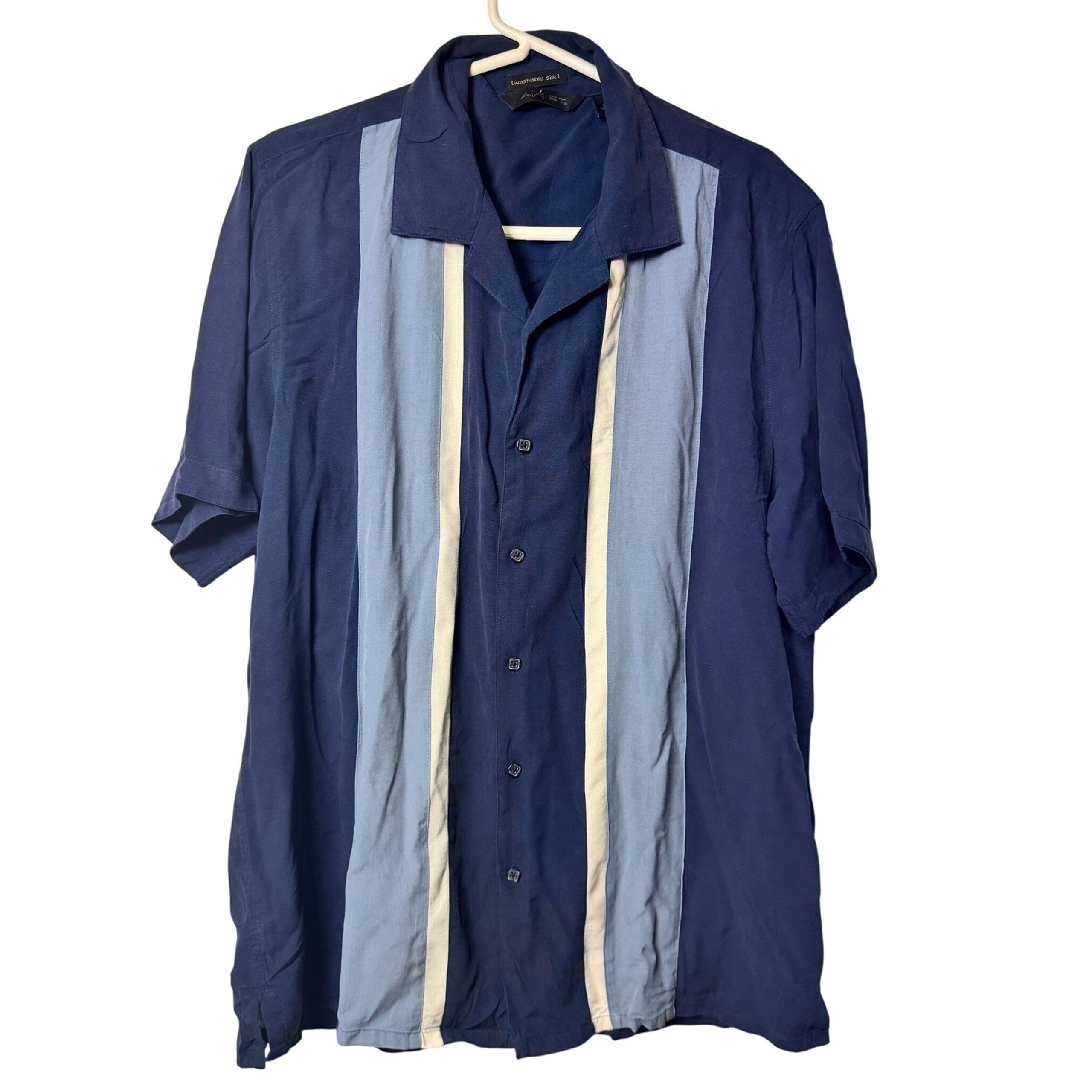 AXIST Silk Bowling Shirt Striped Button Up Short Sleeve Shirt Mens Large Retro