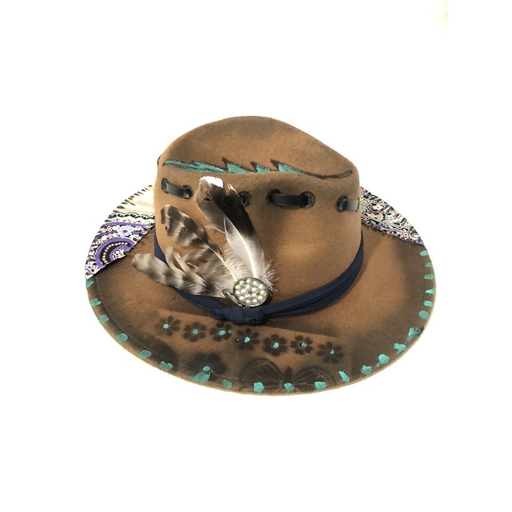 Women’s Custom Fedora Hat-Tazzle’s 1of1- Brown W/ Paisley Cloth, Bird Stencil…