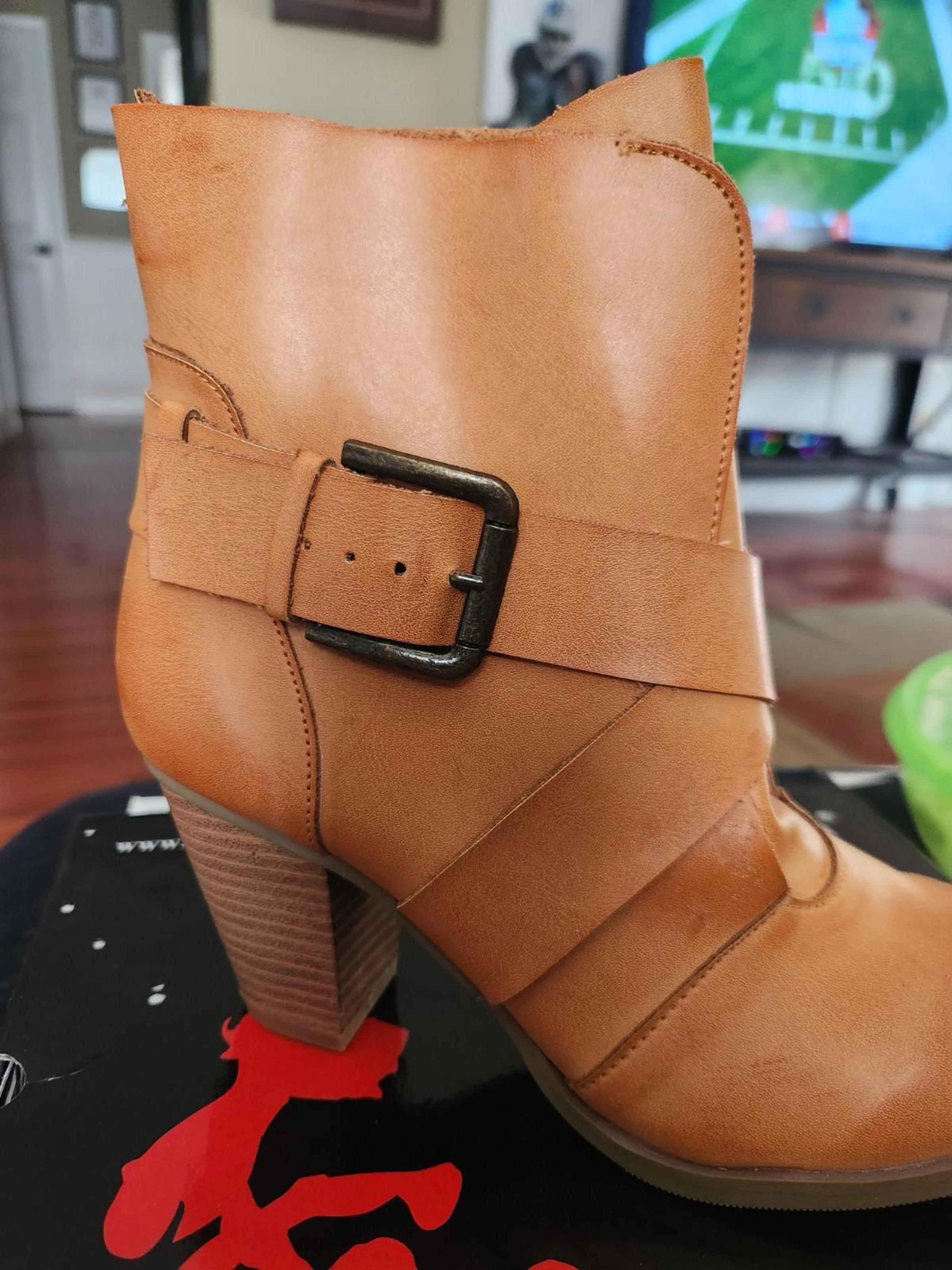Nomad  Boots Womens 7 US 38 EU Tan Harness Ankle Bootie Leather Stacked Heel
