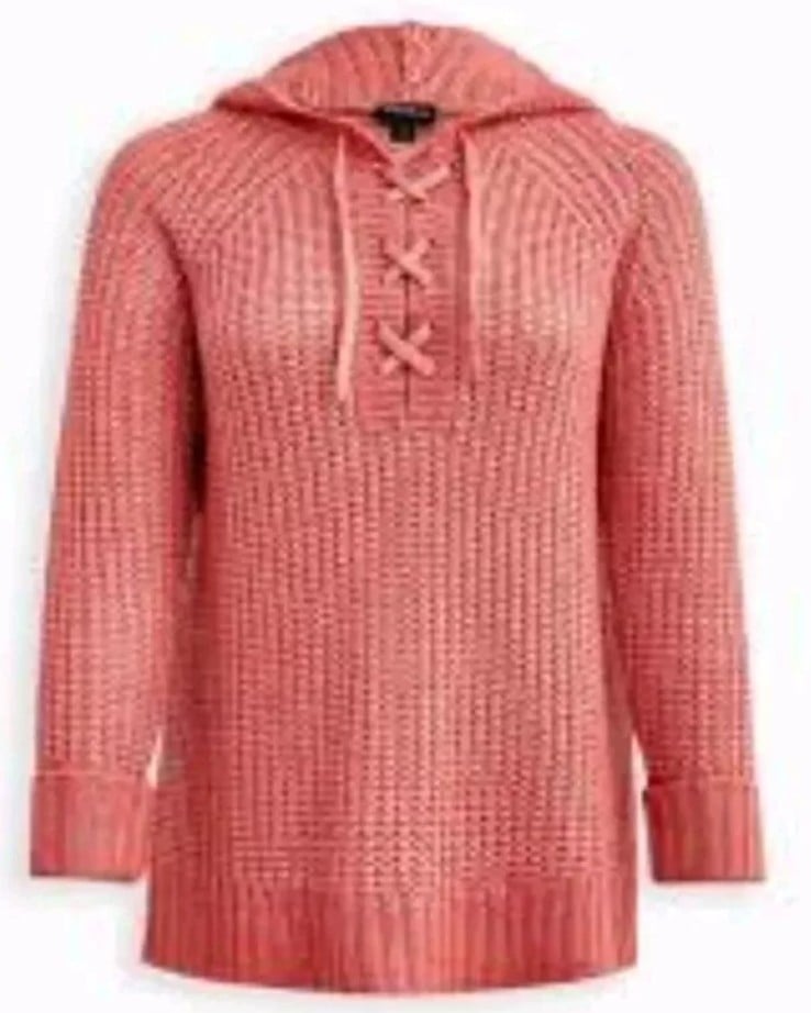 Torrid Chunky Knit Hoodie Raglan Sweater Woman Plus 2X Coral Tunic LaceUp Front