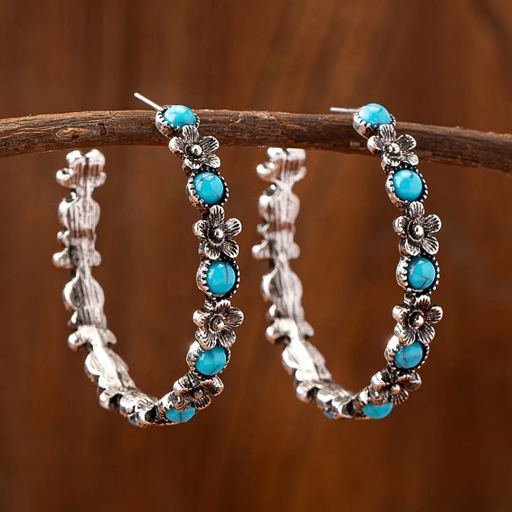 Solid 925 Sterling Silver Turquoise Flower Hoop Womens Earrings Ladies Jewelry