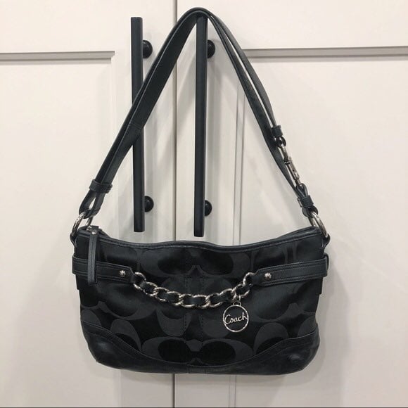 Coach Black Sateen & Leather East West Chain Detail Purse F19724