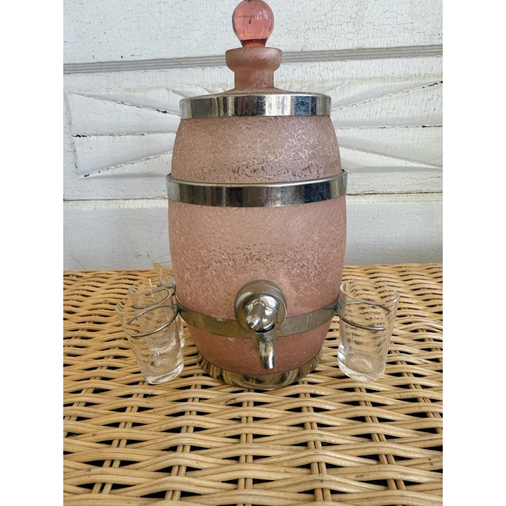 Vintage 40's Czech Pink Frosted Art Glass Barrel Decanter Spigot