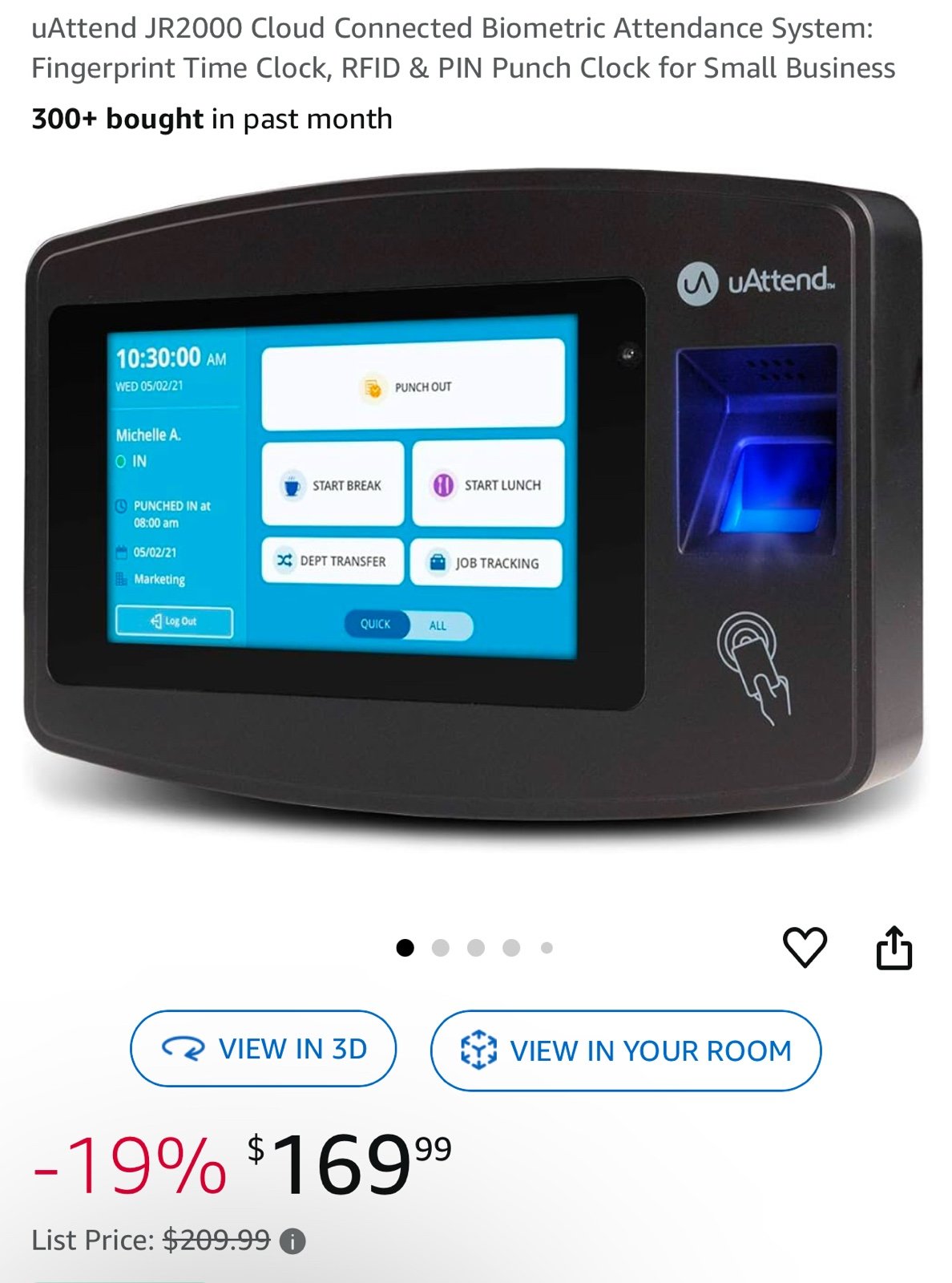 uAttend JR2000 Cloud Connected Biometric Attendance System: Fingerprint Time Clo