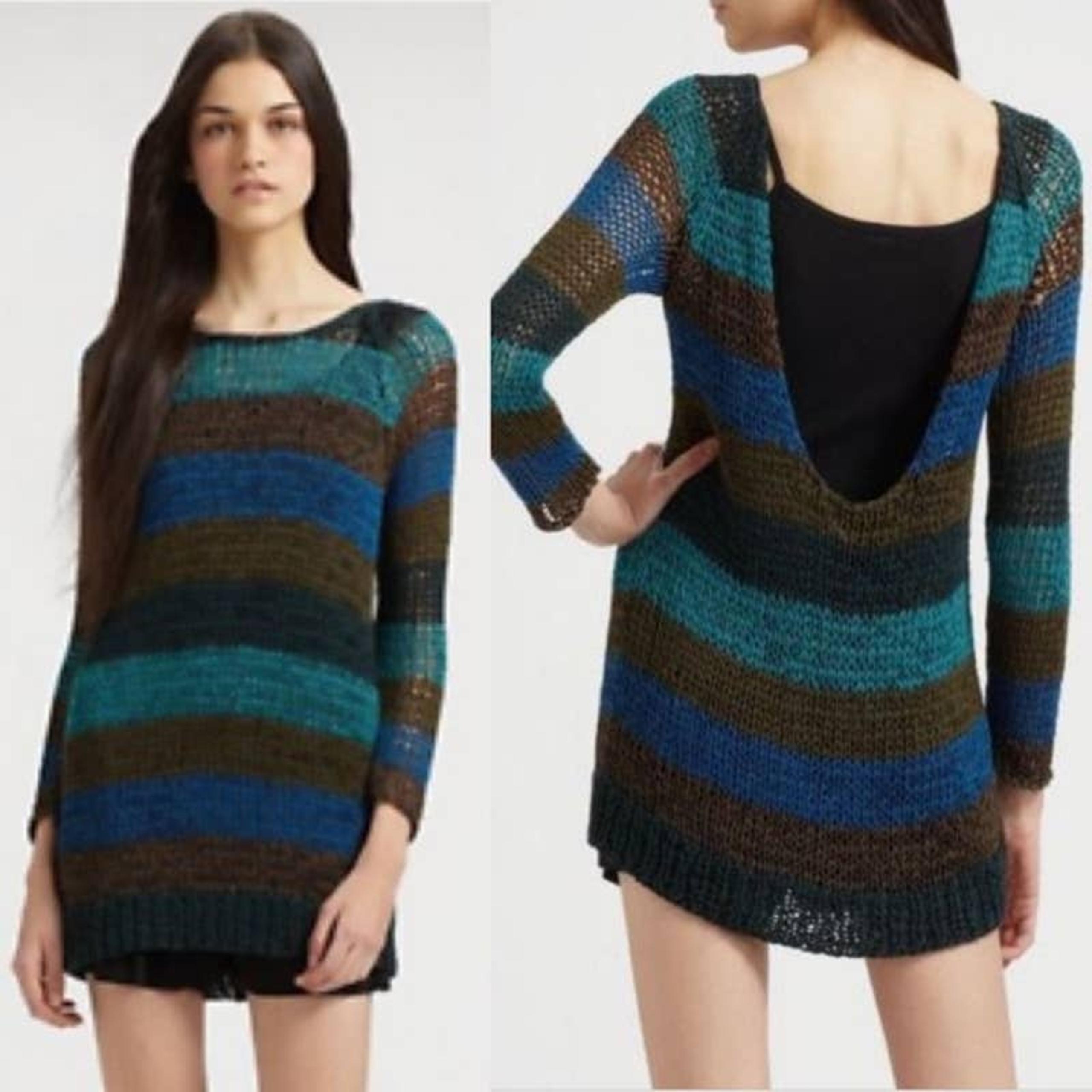 Theory Nimue Space Low Back Knit Stripe Long Sleeve Round Neck Tunic Sweater Med