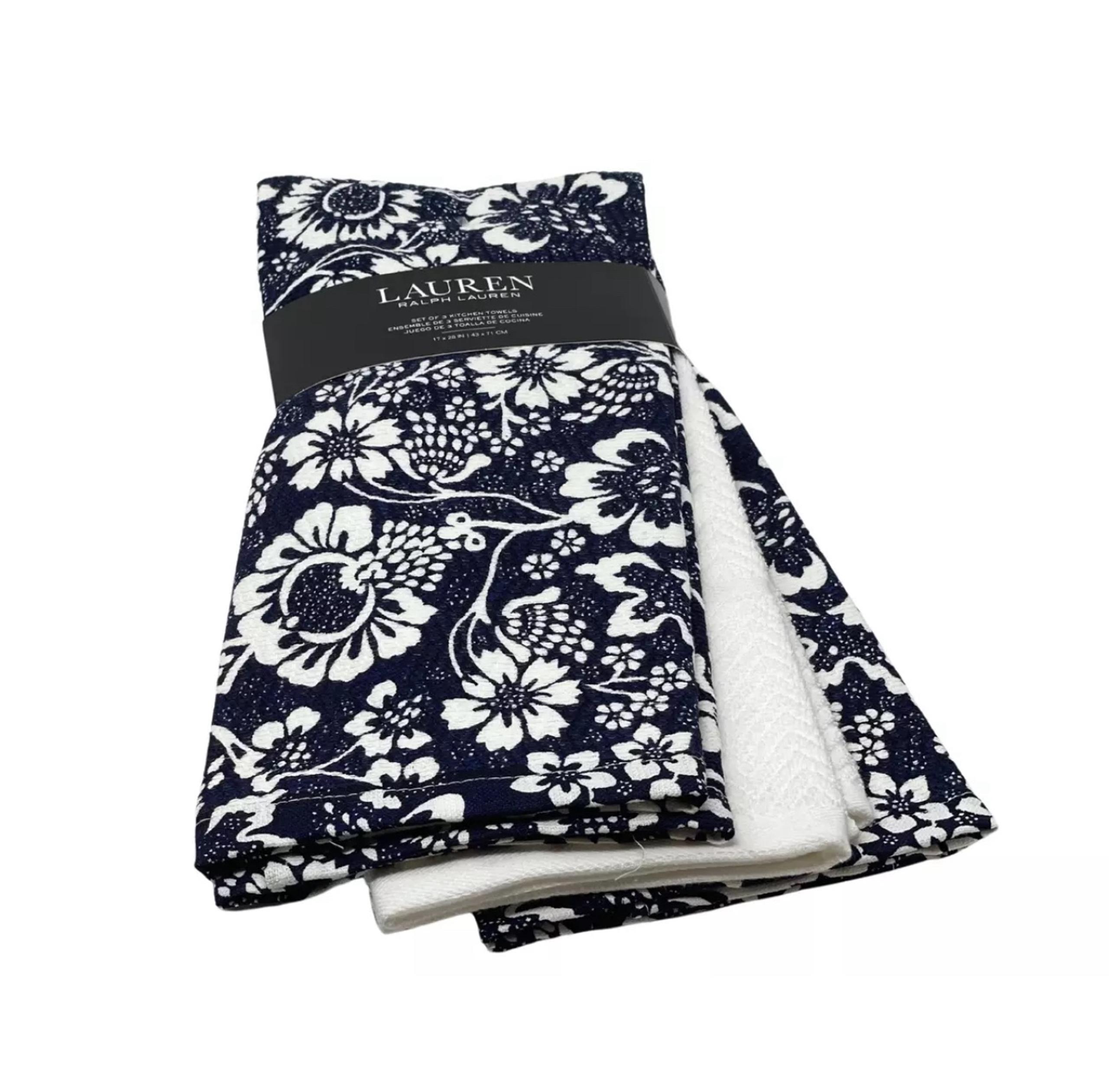 RALPH LAUREN Set of 3 FLORAL LAGOON Indigo Cotton Terry Back Blue Kitchen Towels
